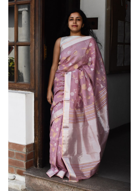 Light purplish pink, Handwoven Organic Cotton, Textured Weave , Jacquard Handpicked, Festive Wear, Jari Saree